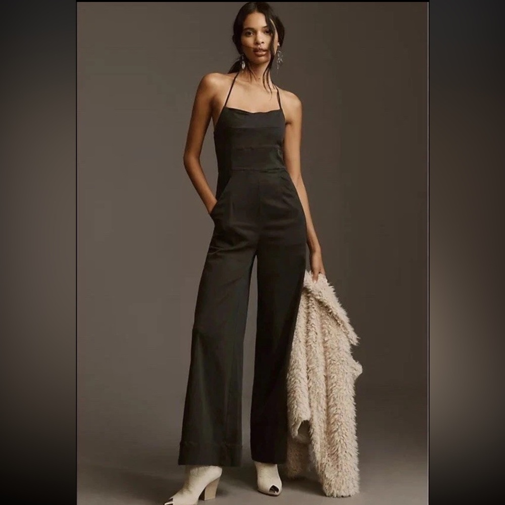 NWT $178 Anthropologie Pilcro Halter Wide-Leg Jumpsuit Size 4 Charcoal Black